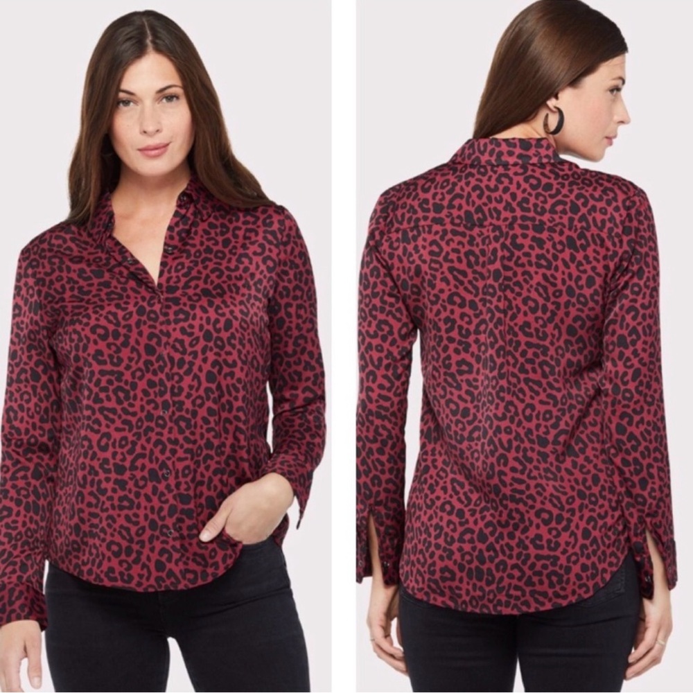 Evereve David Lerner Red Black Leopard Print Long Sleeve Snap Front Shirt XS
